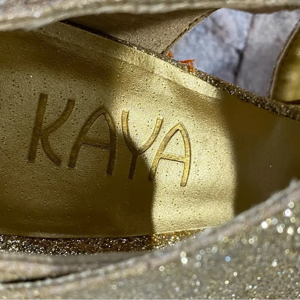 Kaya Gold Glitter Heels Platform Cork Wedge Dance Party New Years Eve SZ 6
